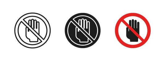 Don't touch icon. Access restriction illustration. Hand stop prohibition sign. Security, regulation and safety pictogram for restricted areas and warnings. No entry symbol. vector