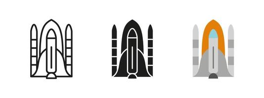 Shuttle icon. Spacecraft launch illustration. Rocket propulsion system symbol. Orbital mission and interstellar exploration pictogram. Aerospace engineering and futuristic technology concept. vector