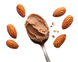 Almond butter spread on spoon with almonds on black background png