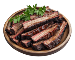 A plate of sliced beef with parsley on top png