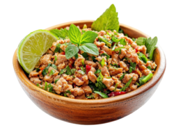 A bowl of meat and vegetables with a lime wedge png