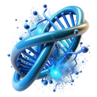 vibrant minimalist A DNA strand unraveling into digital particles, glowing with an electric blue aura, abstract and dynamic composition, digital art style authentic png