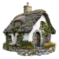 Enchanted Cottage with Thatched Roof and Stone Walls A whimsical 3D rendering of a fairytale house png
