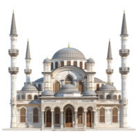 Architectural rendering of a magnificent mosque with multiple domes and minarets png