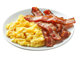 A plate of scrambled eggs and bacon png