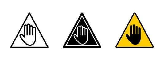 Warning stop icon. Hand raised in a caution sign illustration. Security and restriction symbol for danger zones, prohibited areas and safety alerts. vector