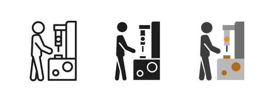 Machinery worker icon. Industrial automation illustration. Factory worker operating machine symbol. Manufacturing and production process sign. Industry and automation pictogram. vector