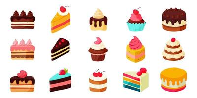 A collection of various types of cakes and cupcakes, including chocolate, vanilla, and strawberry. The cakes are decorated with frosting and cherries, and they are arranged in a row vector