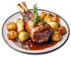 A plate of lamb with potatoes and rosemary png