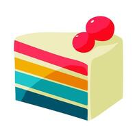 A slice of cake with a cherry on top. The cake is multi-colored and has a rainbow pattern vector