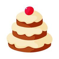 A white cake with a red cherry on top. The cake is three layers and looks delicious. The cherry is placed on top of the cake, adding a pop of color and a touch of sweetness vector