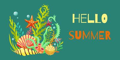 A colorful underwater scene with a starfish and other sea creatures. The background is a bright blue color. The text reads Hello Summer in a bold font vector