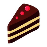 A slice of chocolate cake with red berries on top. The cake is cut into three pieces and is sitting on a white background vector