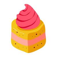 A cartoonish yellow and pink cake with pink frosting and a cherry on top. The frosting has a pink swirl, giving the cake a playful and whimsical appearance vector