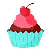 A cupcake with a cherry on top. The cherry is red and the cupcake is pink and brown vector
