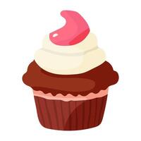 A cupcake with pink frosting on top. The cupcake is sitting on a white background vector