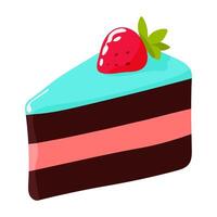 A slice of cake with a strawberry on top. The cake is blue and pink. The strawberry is red vector