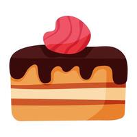 A chocolate cake with a heart shaped piece of strawberry on top. The cake is decorated with chocolate frosting and has a pink strawberry on top vector