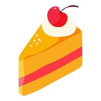 A slice of cake with a cherry on top. The cake is yellow and red vector