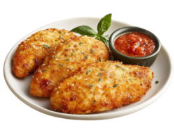 Three chicken breasts on a plate with sauce png