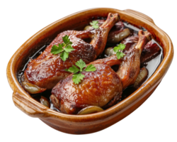 Two ducks in a pot with herbs on a black background png