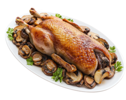A large roasted chicken on a plate with mushrooms png