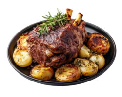 A plate of meat with potatoes and rosemary png