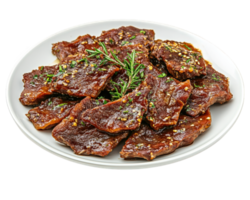 A plate of beef with rosemary and sesame seeds png