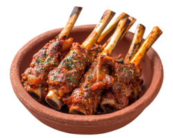 A bowl filled with lamb ribs on sticks png