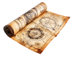 A rolled up piece of parchment with a compass and a map png