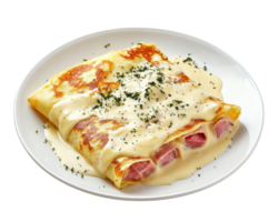 A plate topped with a crepe with ham and cheese png