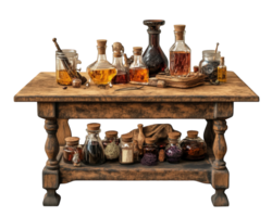 An old table with bottles and jars on it png
