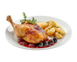 A white plate with a chicken, potatoes and berries png