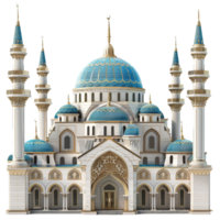 Stunning Architectural Design of a Grand Mosque with Blue Domes and Golden Accents png
