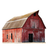 A weathered red barn stands in a field on a sunny day, showing its age and character with faded paint and damaged wood png
