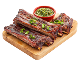 Ribs with sauce and green sauce on a cutting board png