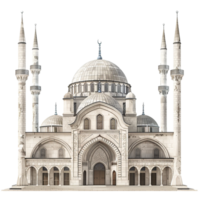 Architectural rendering of a magnificent mosque with four minarets and a large central dome png