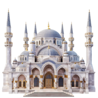 Magnificent Architectural Rendering of a Grand Mosque with Six Minarets and Intricate Details png