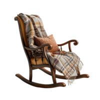 Cozy Wooden Rocking Chair with Plaid Throw and Orange Pillow for Relaxing Reading png