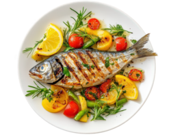 Grilled fish with vegetables and lemon on a plate png