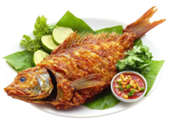A large fish is sitting on a plate with a side of sauce png