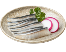 Sliced sardines on a plate with radishes png