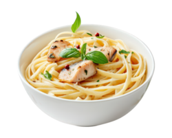 A bowl of pasta with chicken and basil png