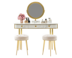 A vanity table with two stools and a mirror png