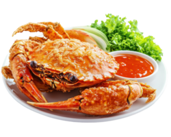 A large crab with sauce and lettuce on a plate png