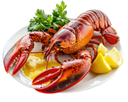 A lobster is sitting on a plate with lemon slices png
