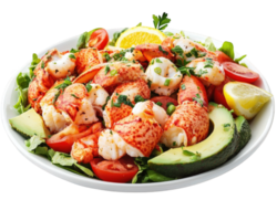 A plate of lobster salad with tomatoes, avocado and lemon png