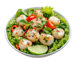 A salad with scallops and tomatoes in a bowl png