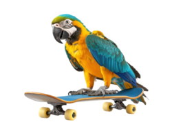 A parrot sitting on a skateboard with a black background png