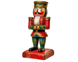 A wooden nutcracker figurine with a red and green coat png